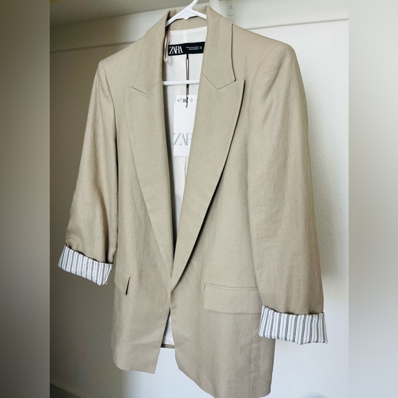 Zara Linen Roll Up Sleeve Open Front Blazer - Picture 5 of 6